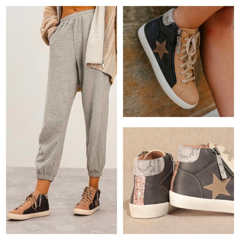 Mi.iM Elle Dark Gray Leather Lace-up High Top Star Sneakers